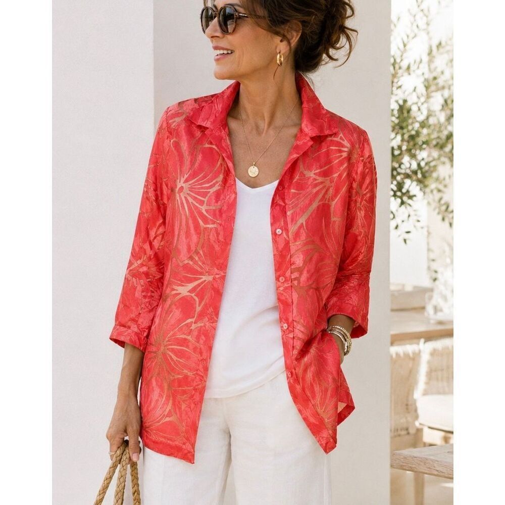Allison Daley Coral Floral Burnout Sheer Blouse Top Women’s 12 Button Up 3/4 Sle